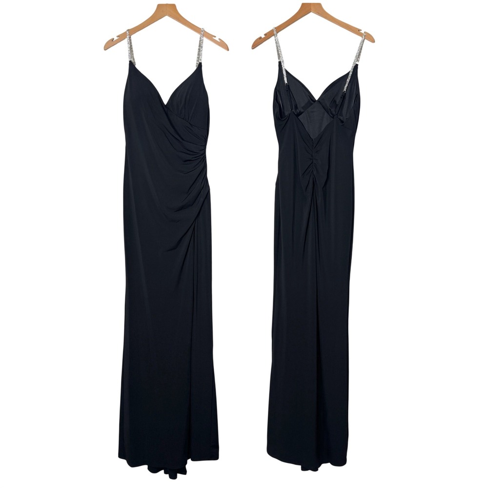 Crystal Doll Black Rhinestone Strap Ruched Gown Maxi Dress Side Slit Size 9 NWOT